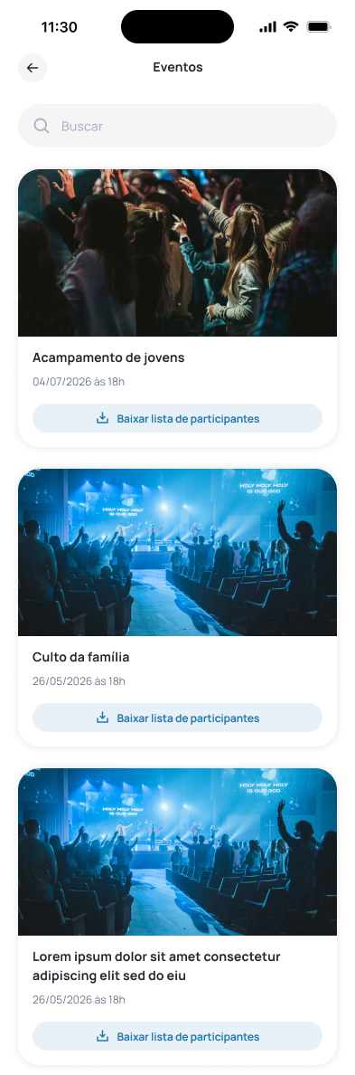Nova listagem de eventos com busca no topo e botão de baixar lista no card