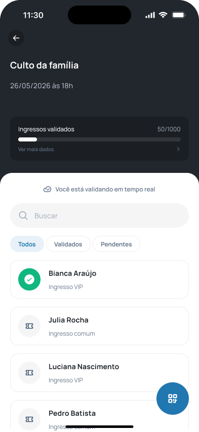 Nova tela de participantes com progresso no topo, filtros e FAB