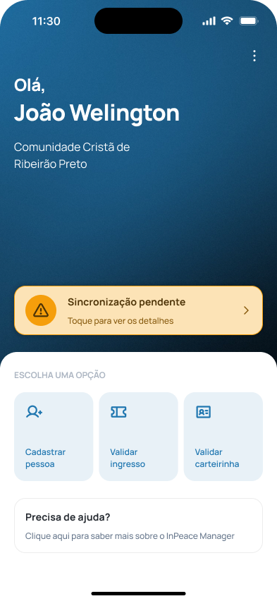Nova tela inicial do aplicativo InPeace Manager com alerta de sincronização
