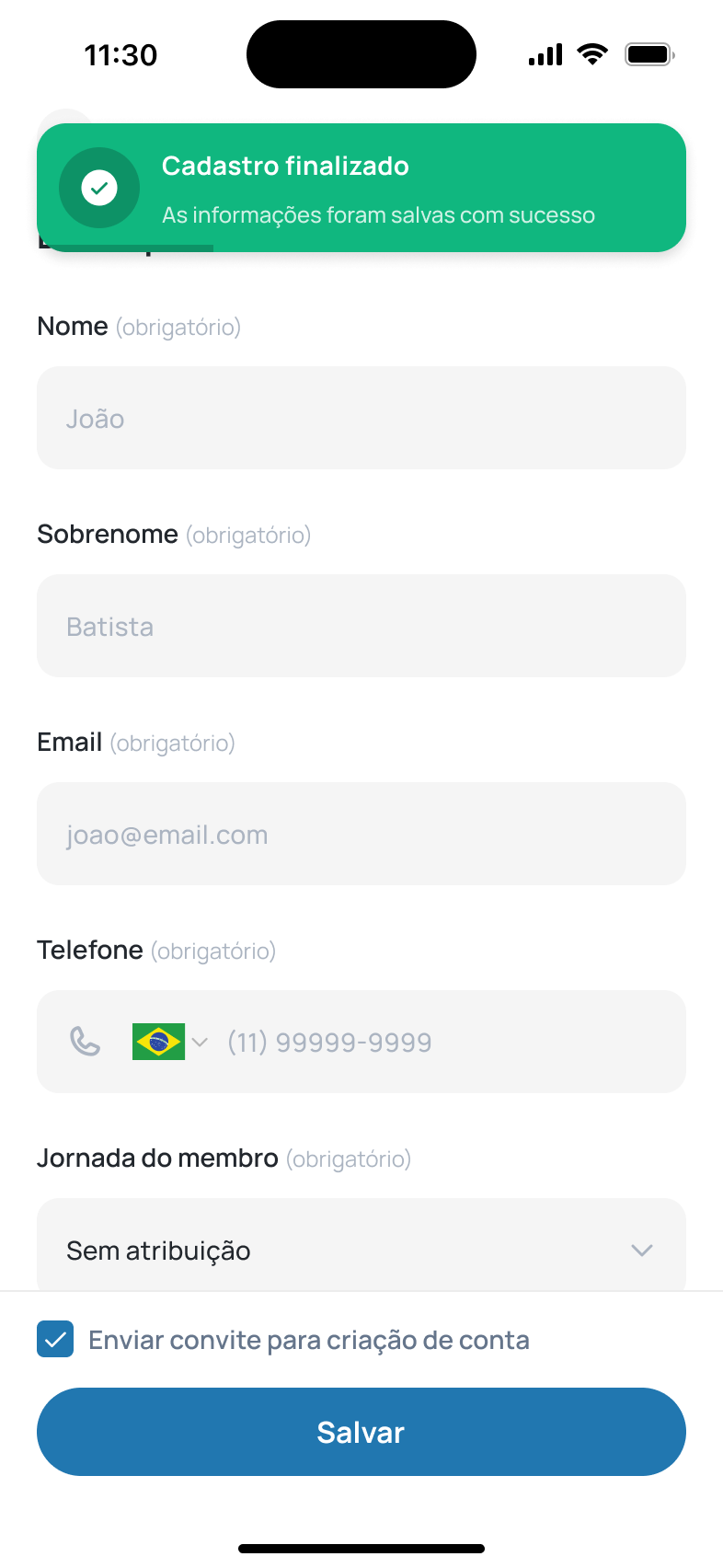 Aviso de cadastro concluído