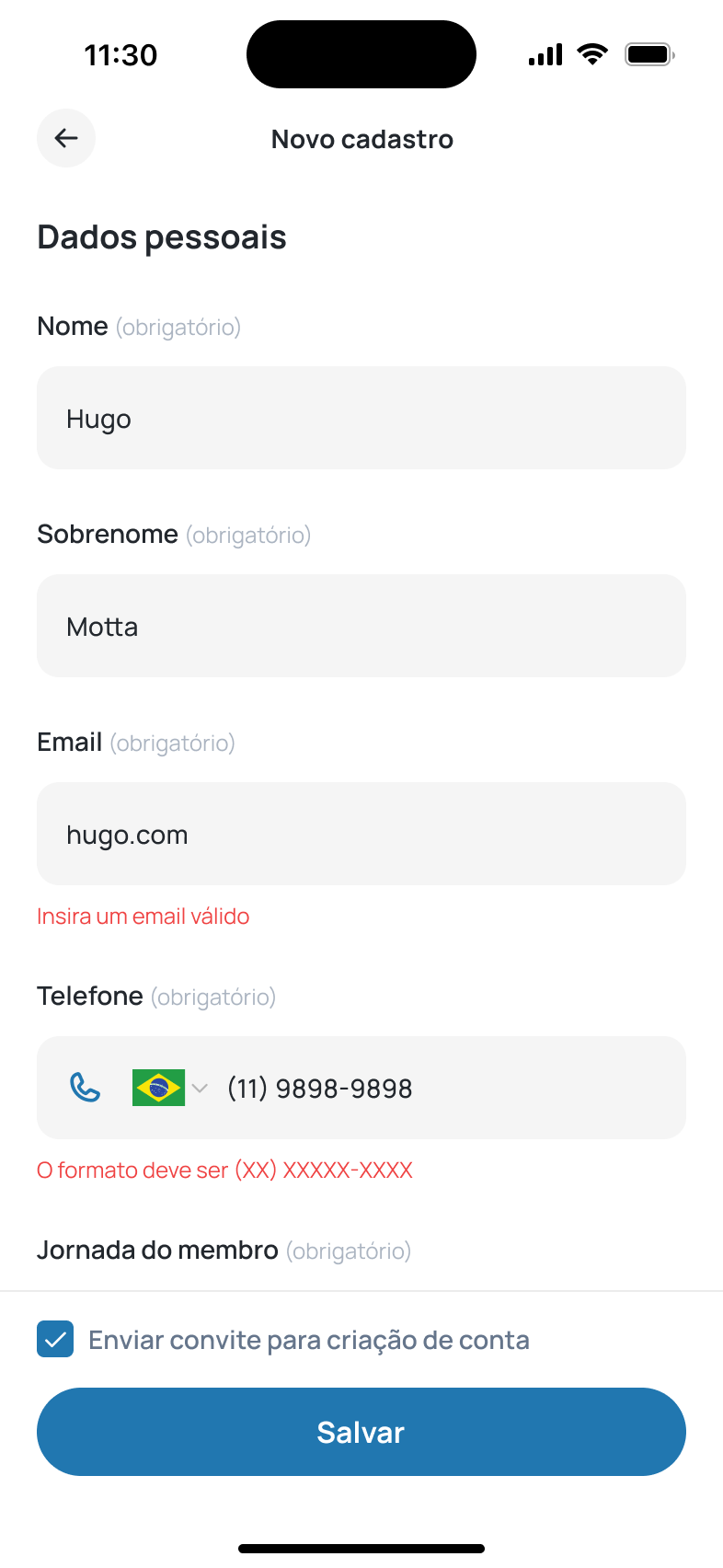 Erro indicado no campo