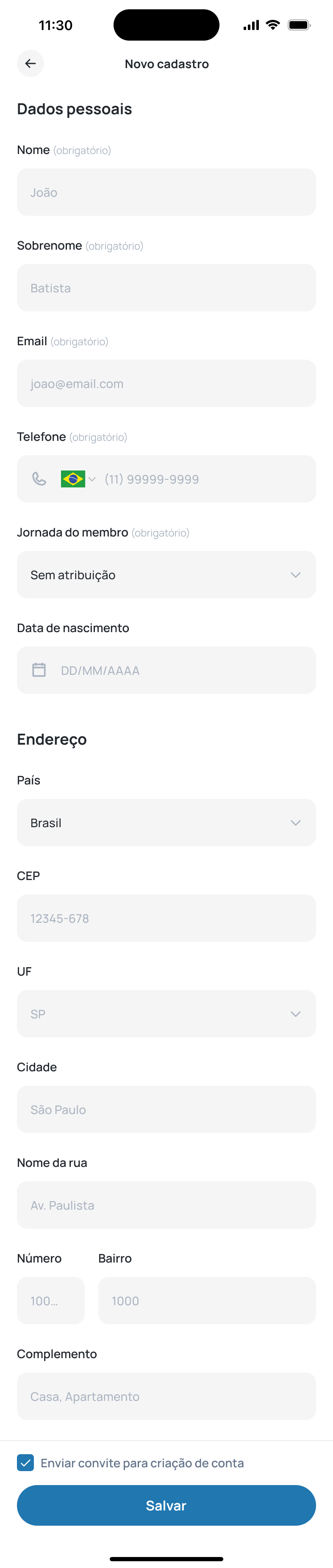Novo formulário com campos delimitados e máscara de telefone