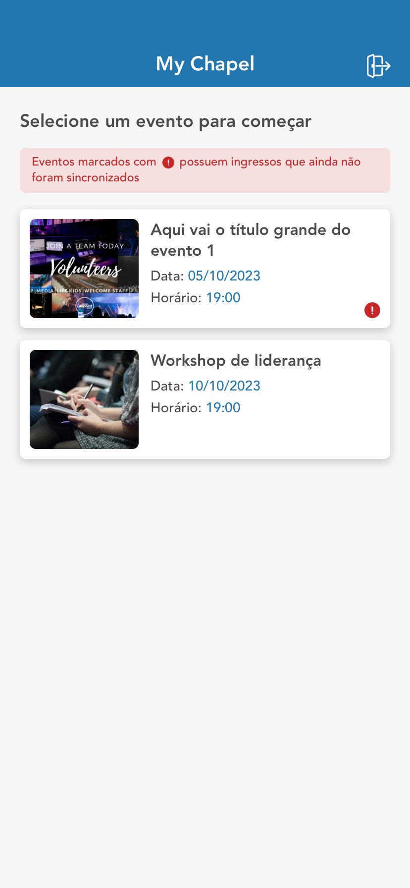 Listagem de eventos antiga sem busca e sem botão de download no card