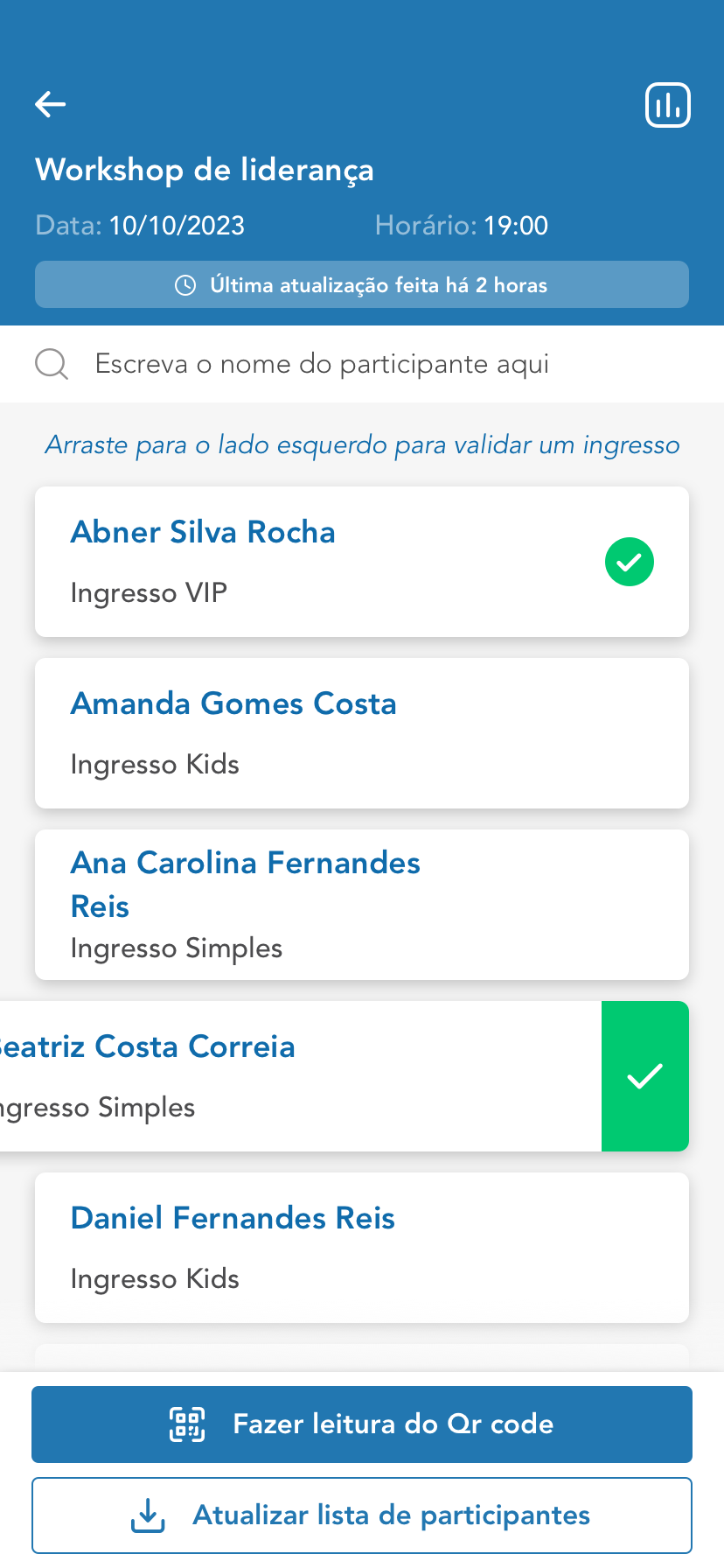 Lista de inscritos antiga com gesto de arrastar e botões grandes no rodapé